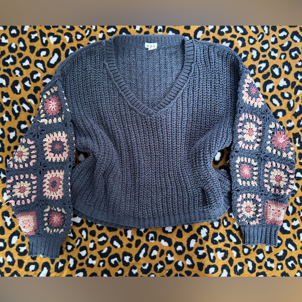 POL Charcoal Crochet Sweater with Pink and Cream Granny Squares